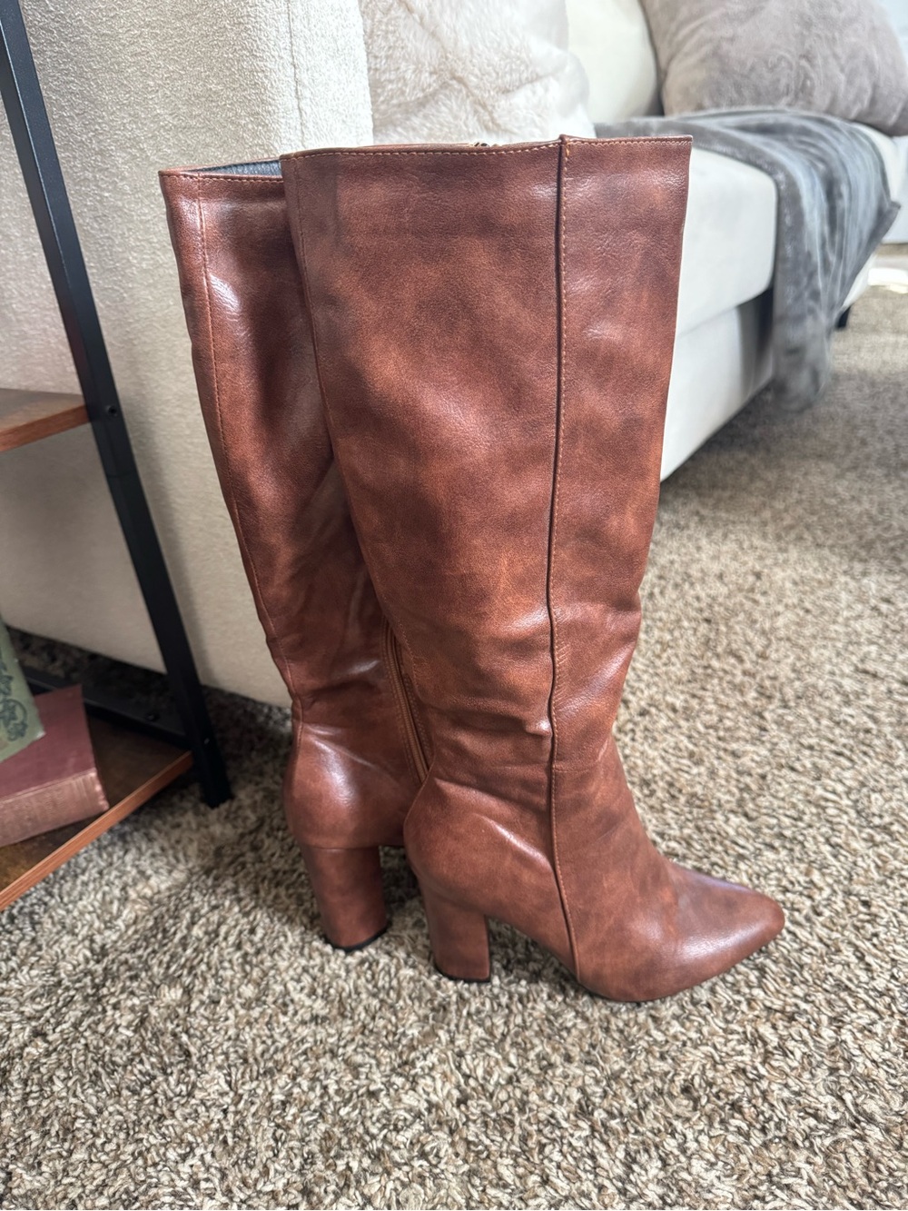 Women's Tall Brown Leather-Look Block Heel Boots